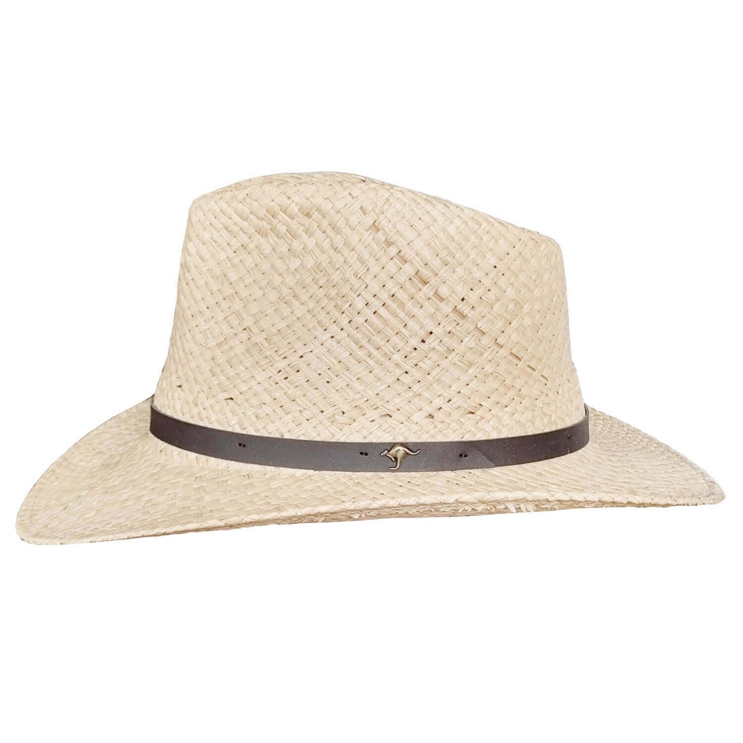Beige straw hat with a black band on a white background
