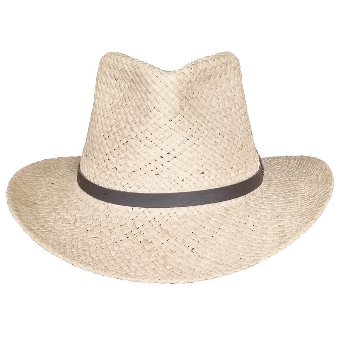 Beige straw hat with a black band on a white background