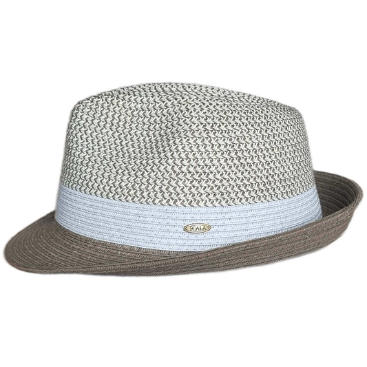 Woven hat with a band on a white background