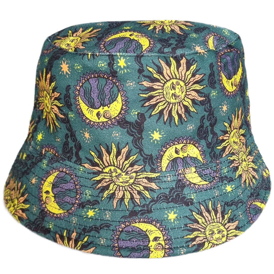 Bucket hat with celestial pattern on a white background