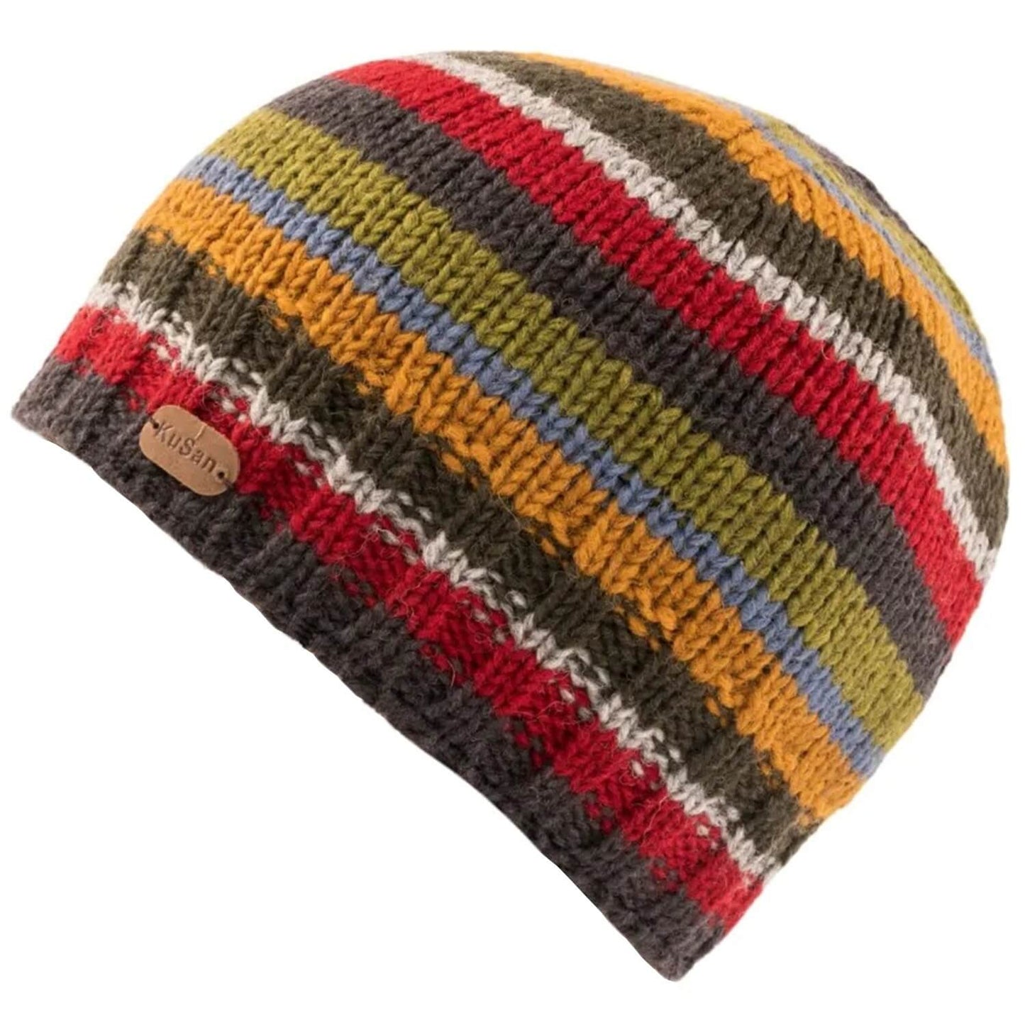 Multicolored striped knit beanie on a white background
