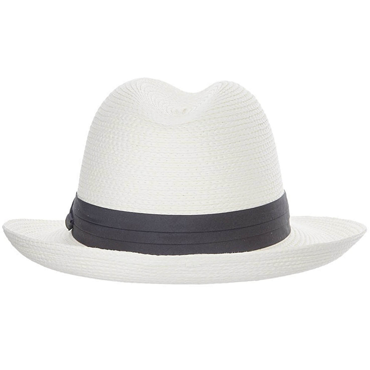 White straw hat with a black band on a white background