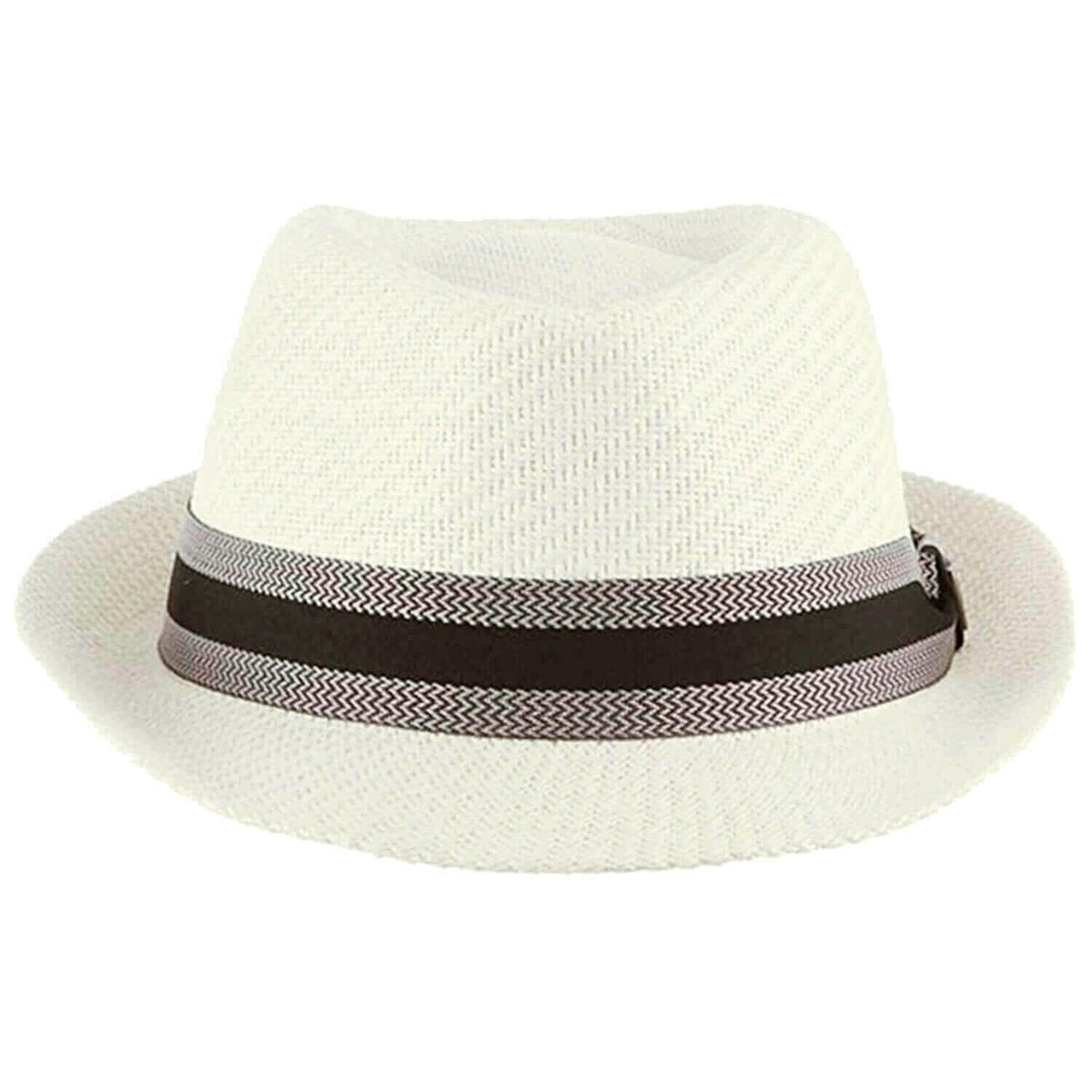 White straw hat with a black and gray band on a white background