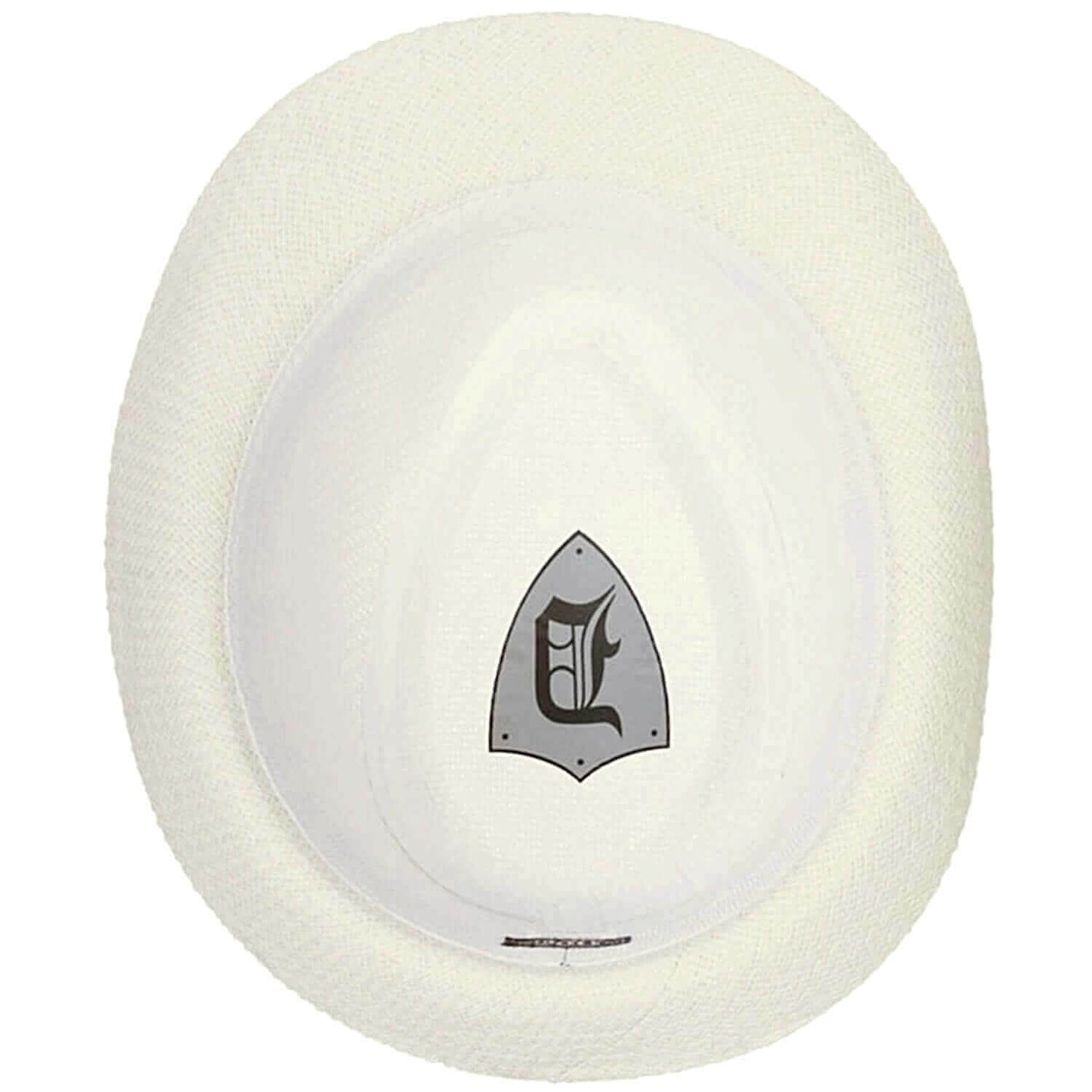 White frisbee with a black logo on a white background