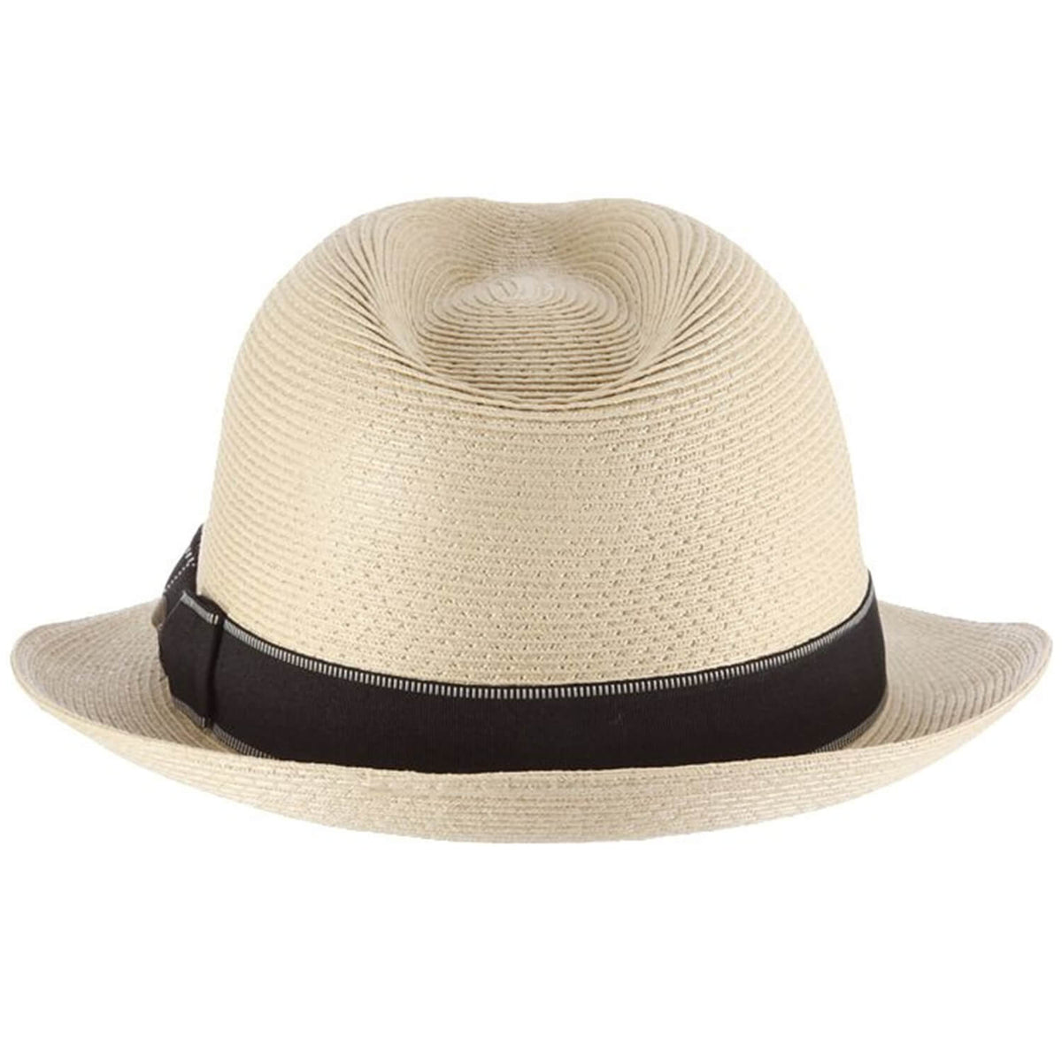 Beige straw hat with a black band on a white background