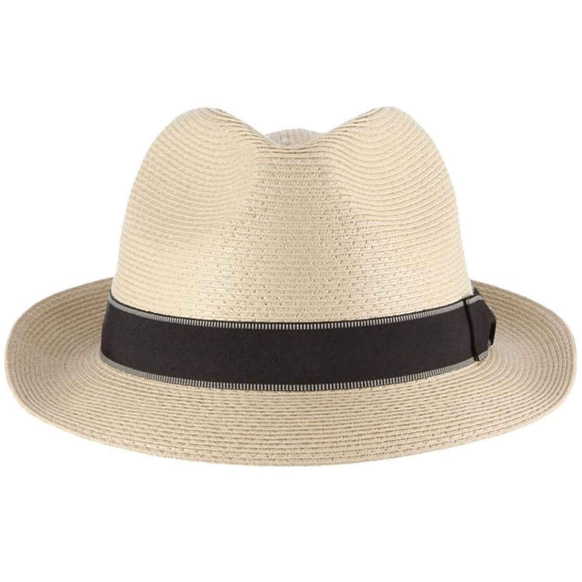 Beige straw hat with a black band on a white background