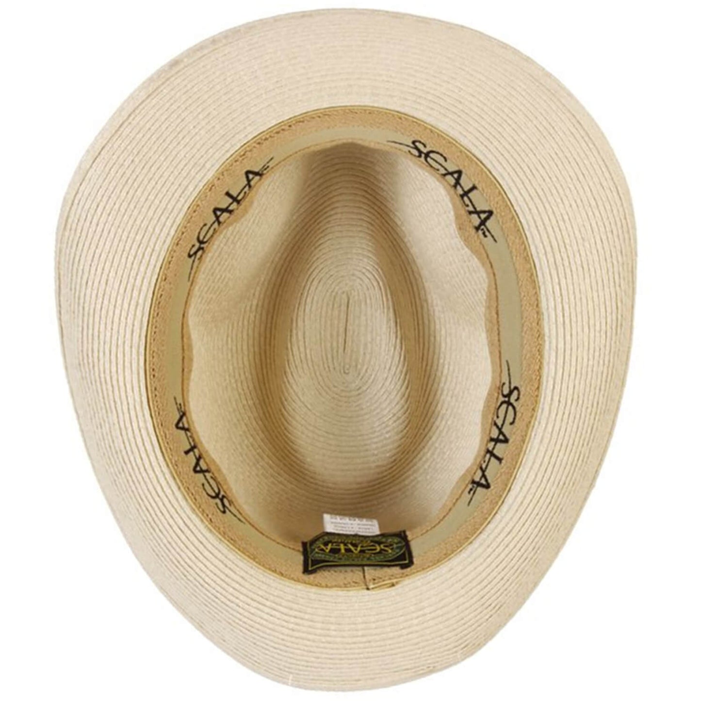Internal View, Beige straw hat with 'Scala' branding on a white background