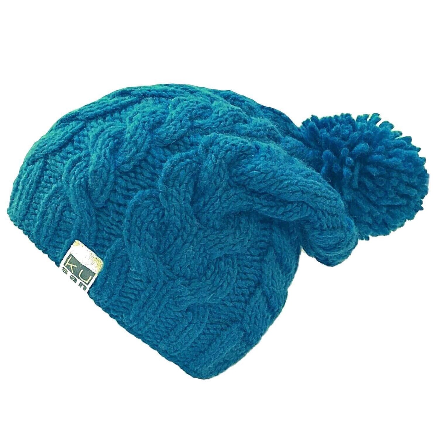 Turquoise knitted beanie with a pom-pom on a white background
