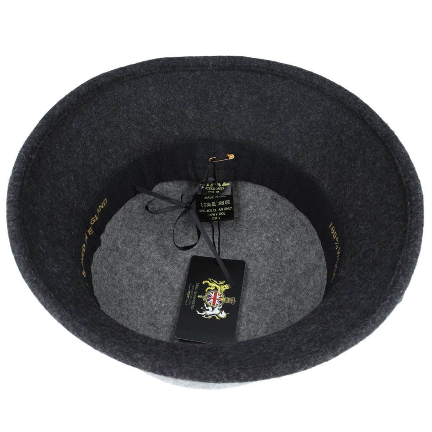 Cloche Hat, Black /Grey, Wool, Bucket, Interior View