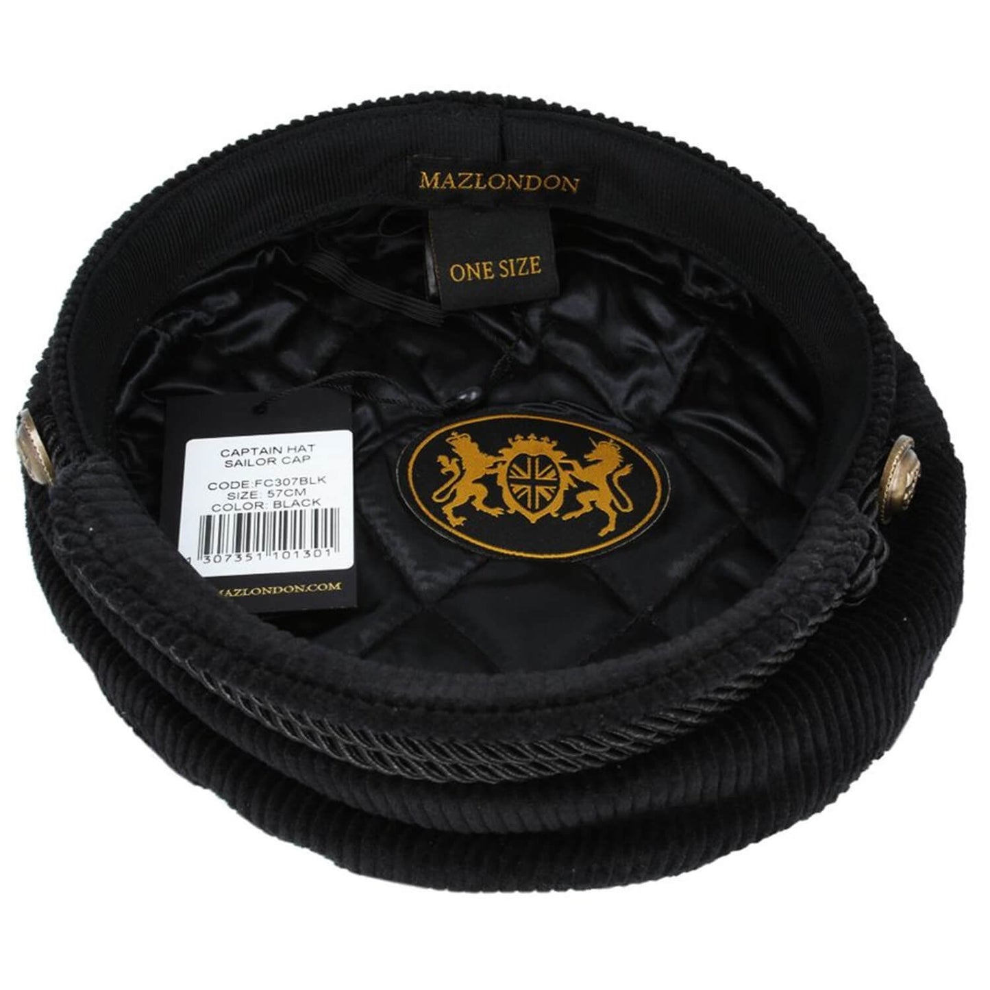 Black corduroy military cap shown from the inside, featuring a black satin lining with a gold Mazlondon logo, a white product tag, and gold metal snap buttons on the sides.