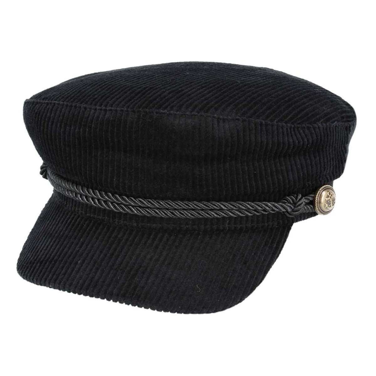 A black corduroy newsboy cap with a braided black rope detail and a small gold-toned button on the side, shown against a plain white background.