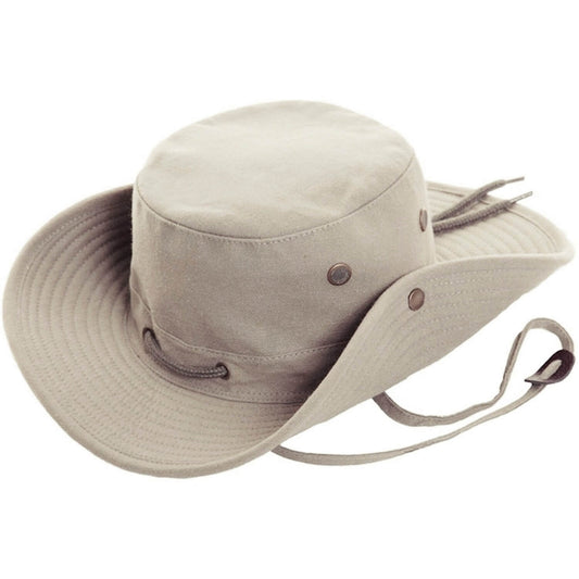 A light beige wide-brimmed safari hat with a chin strap and metal snap closures, shown on a plain white background.