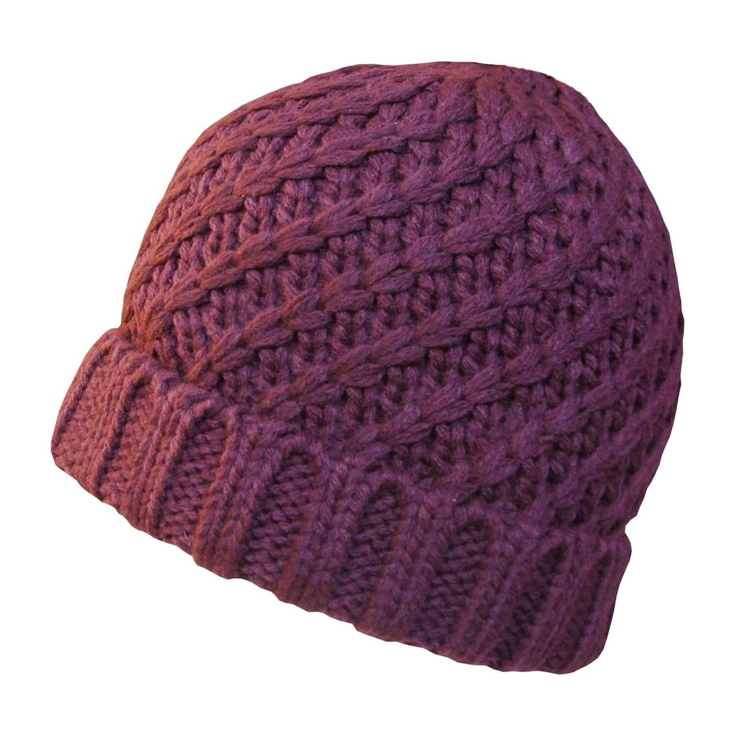 Beanie Hat, Burgundy, Cuffed, Twisted Knit