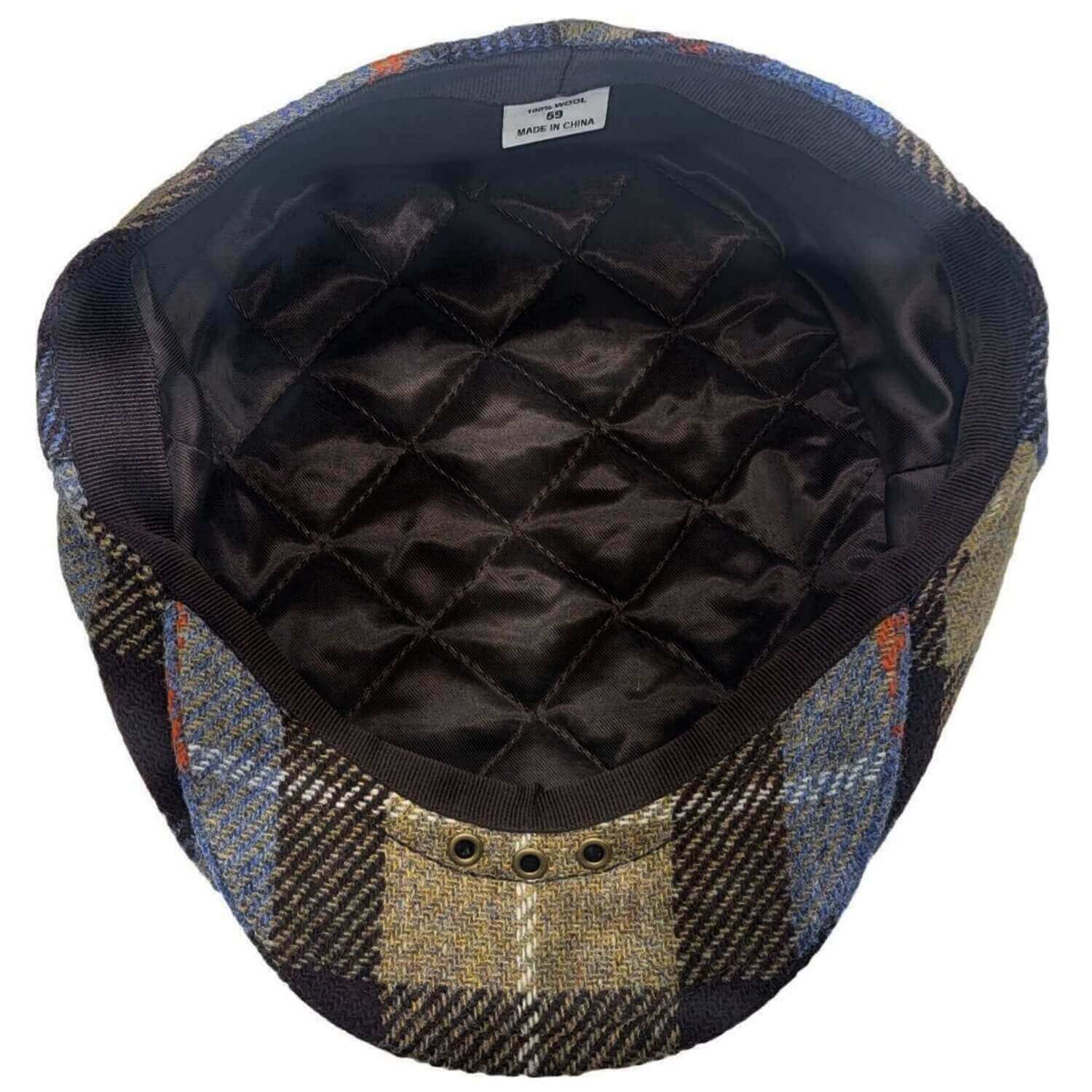 Tartan Check Flat Cap on white background, Lining view