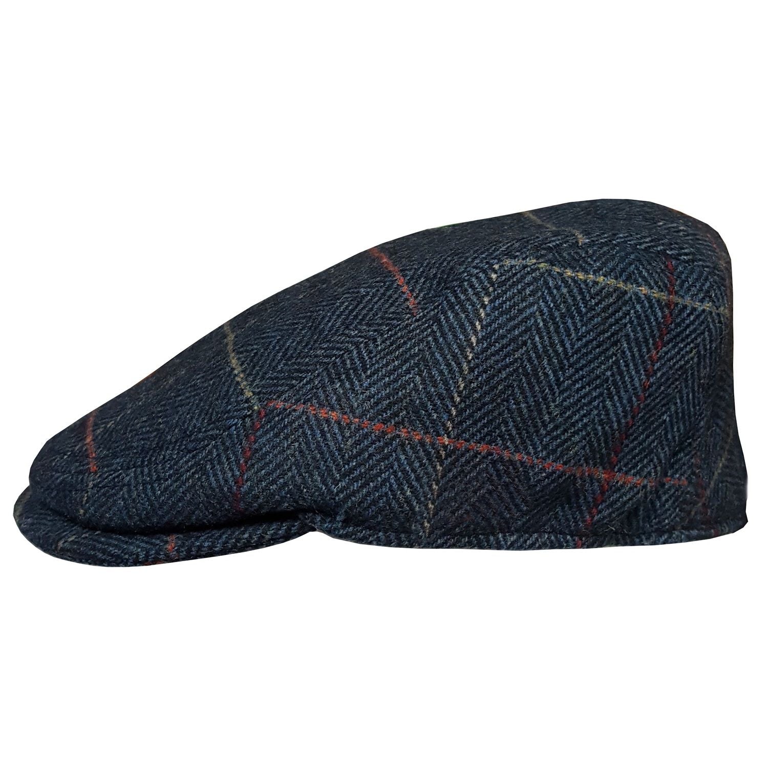 Flat Cap, Navy Blue, Tweed, Check, Side View