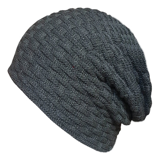 Beanie Hat, Grey, Slouch, Woven Design