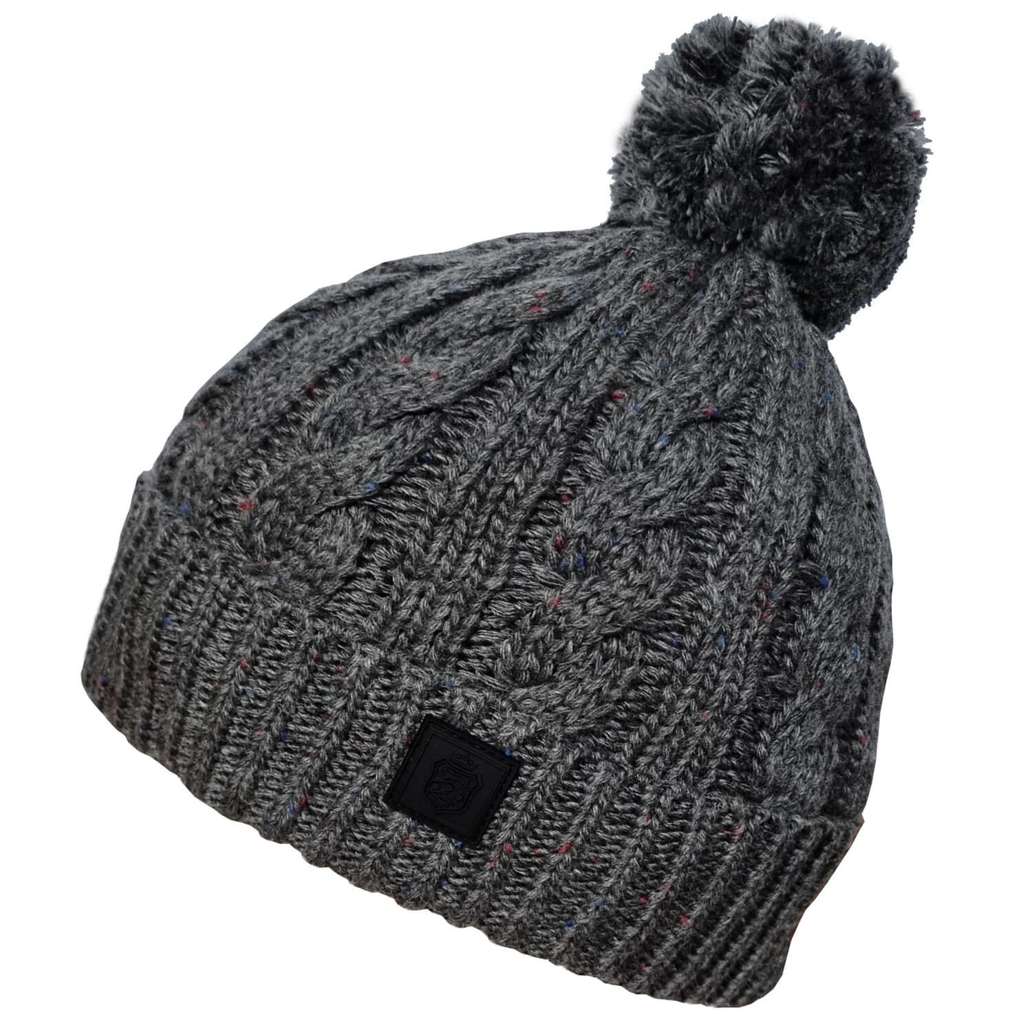 Aran Beanie Hat, Grey, Pompom, Failsworth