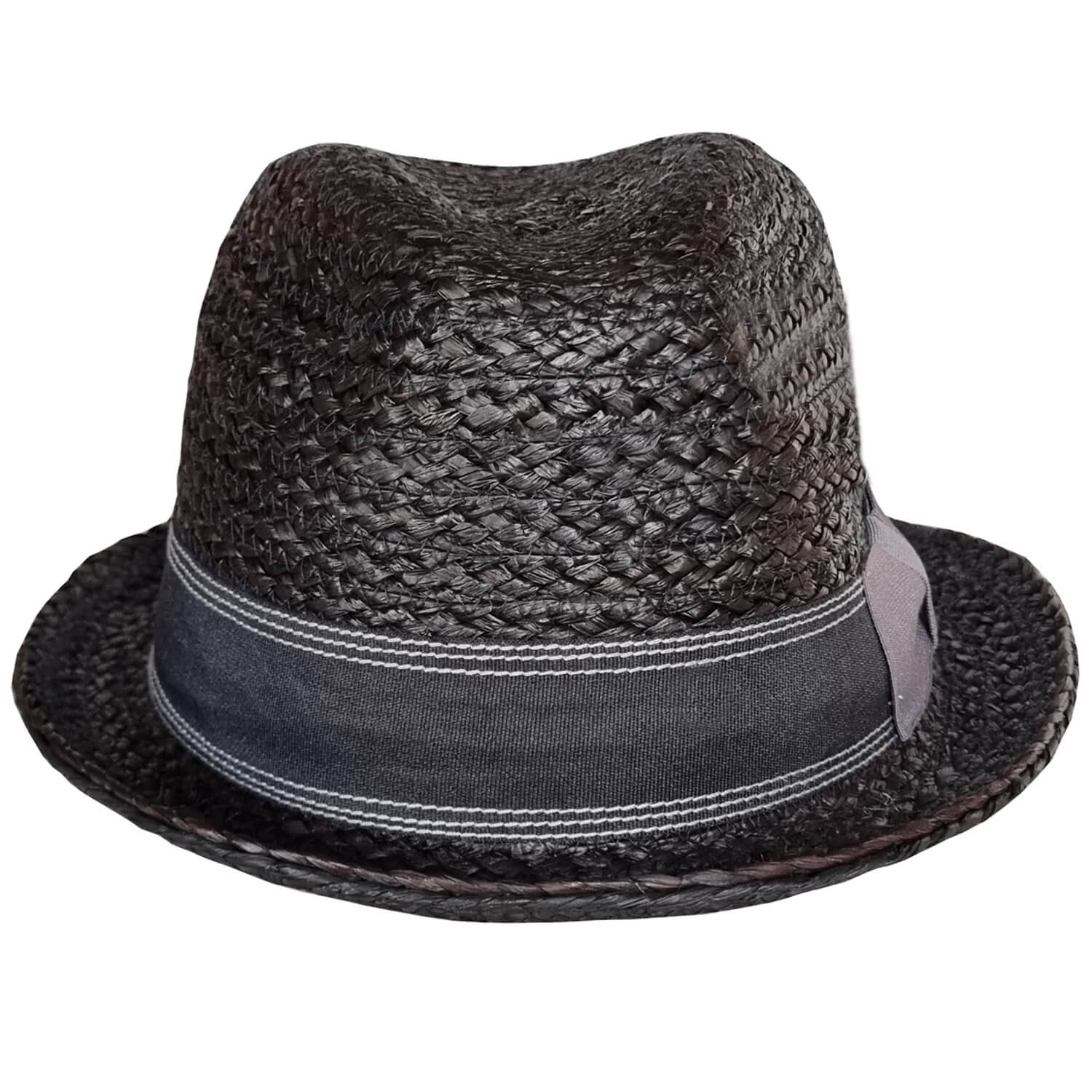 Trilby Hat, Black, Straw, Raffia, Front View