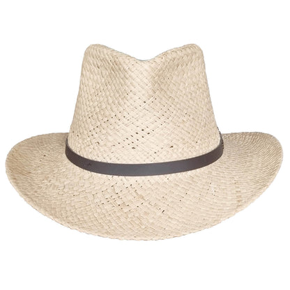 Beige straw hat with a black band on a white background