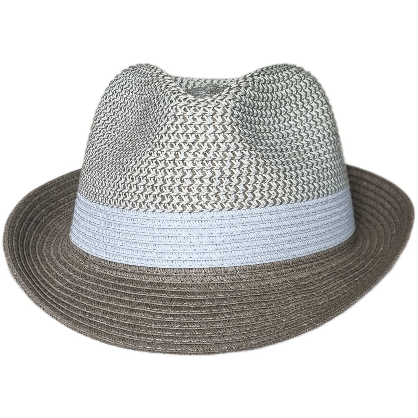 Woven straw hat with a light blue band on a white background