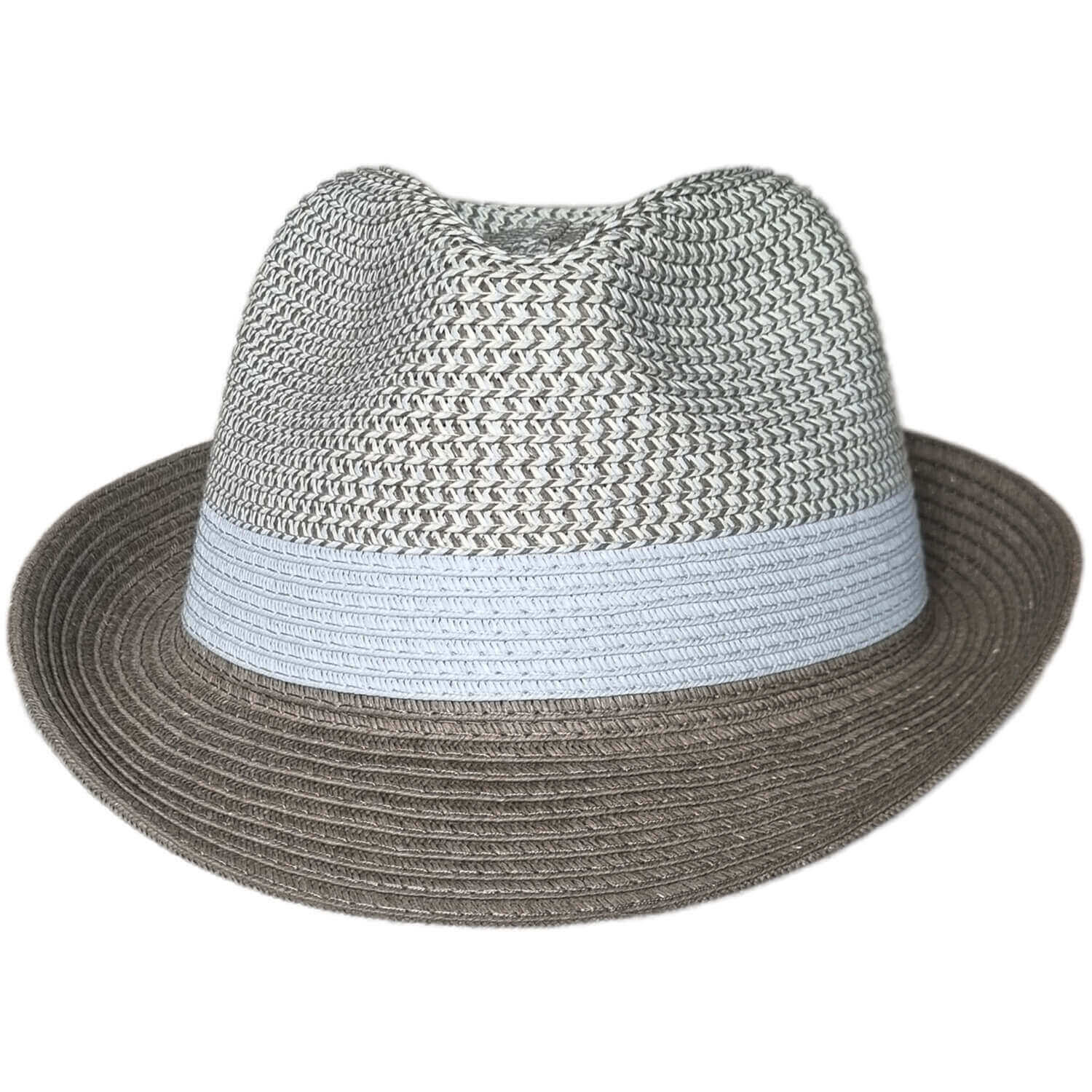 Woven straw hat with a light blue band on a white background