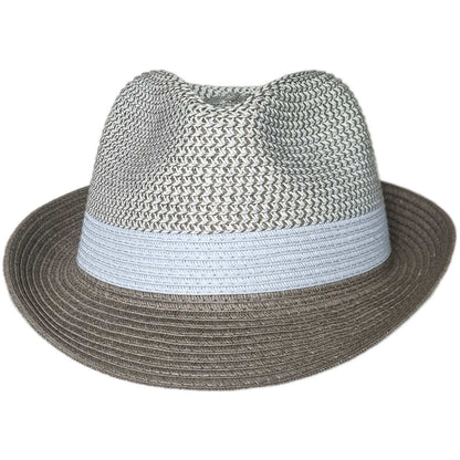 Woven straw hat with a light blue band on a white background