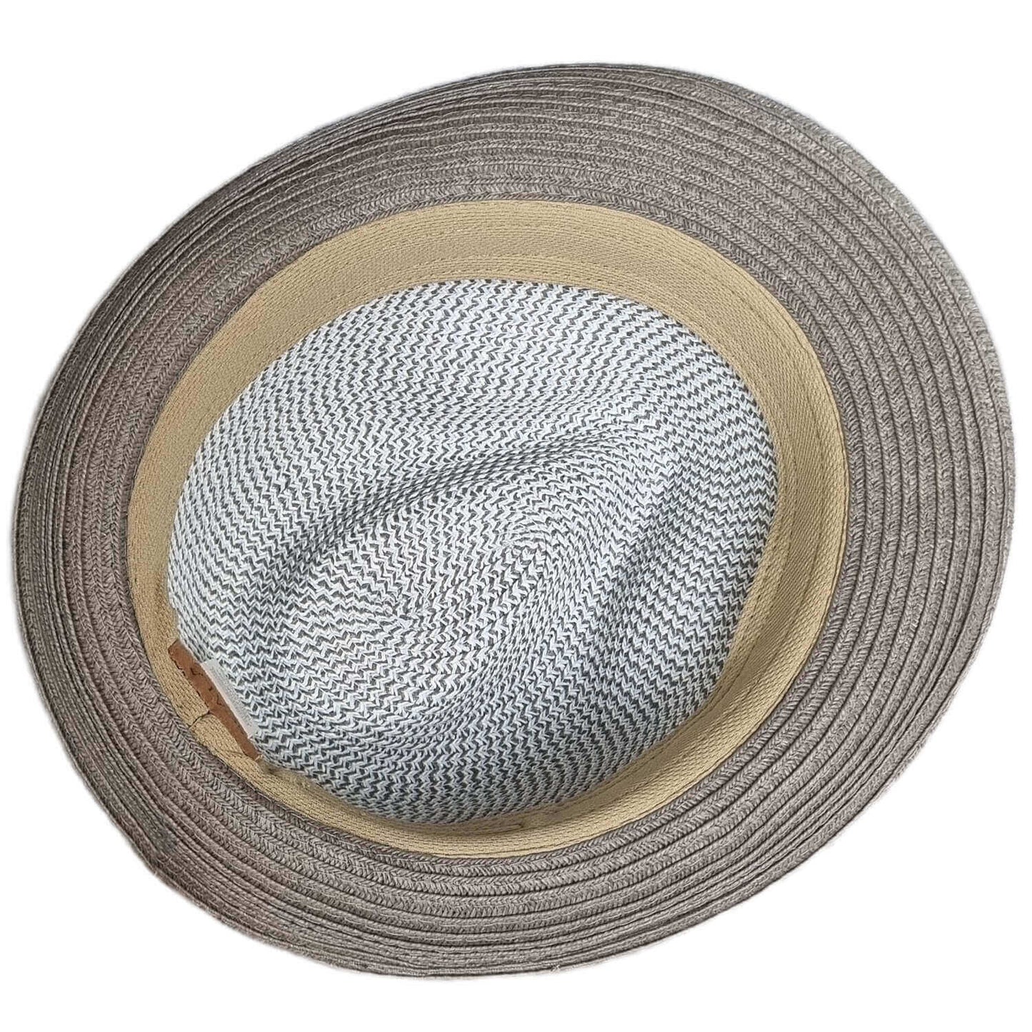 Gray straw hat with beige band on a white background
