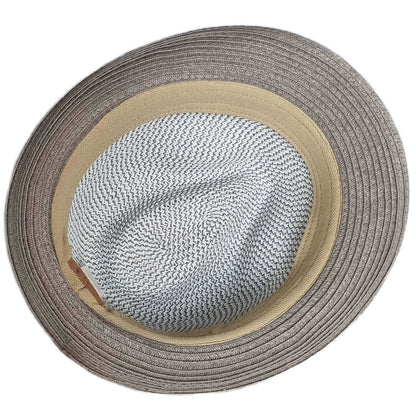 Gray straw hat with beige band on a white background