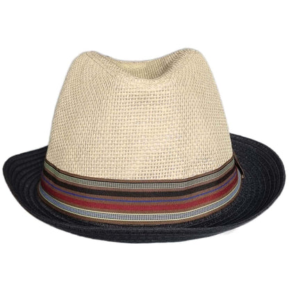 Beige straw hat with a striped band on a white background