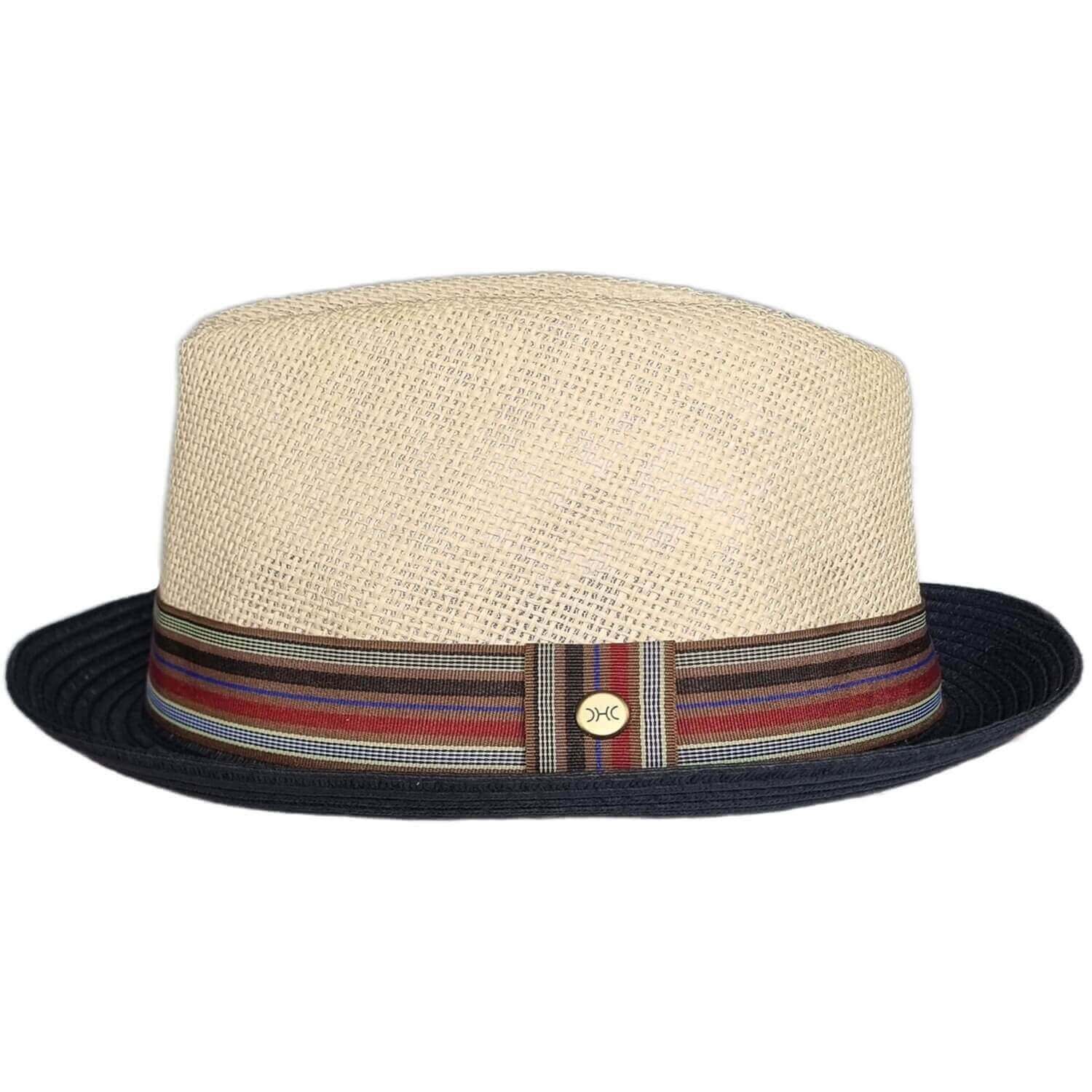 Beige straw hat with a colorful band on a white background