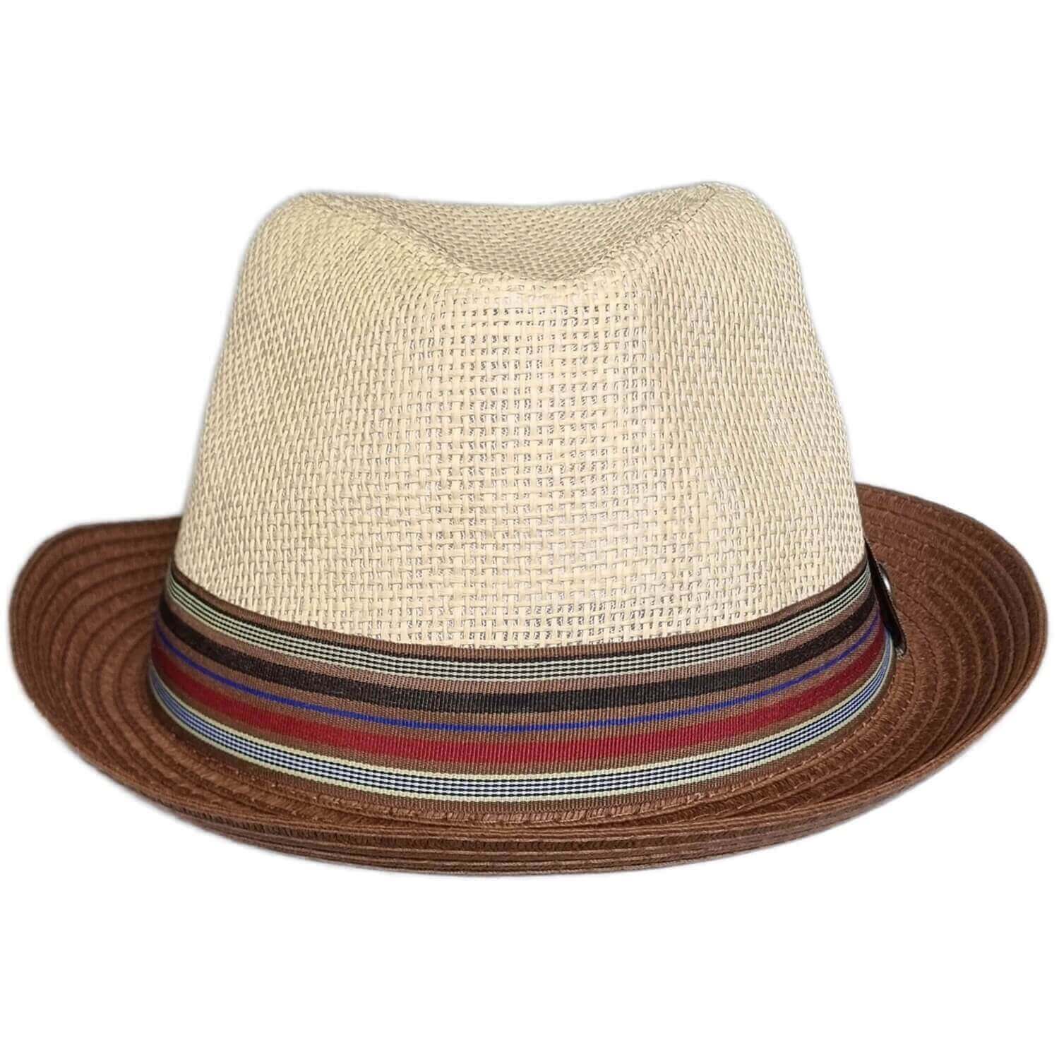 Beige straw hat with a brown rim and striped band on a white background
