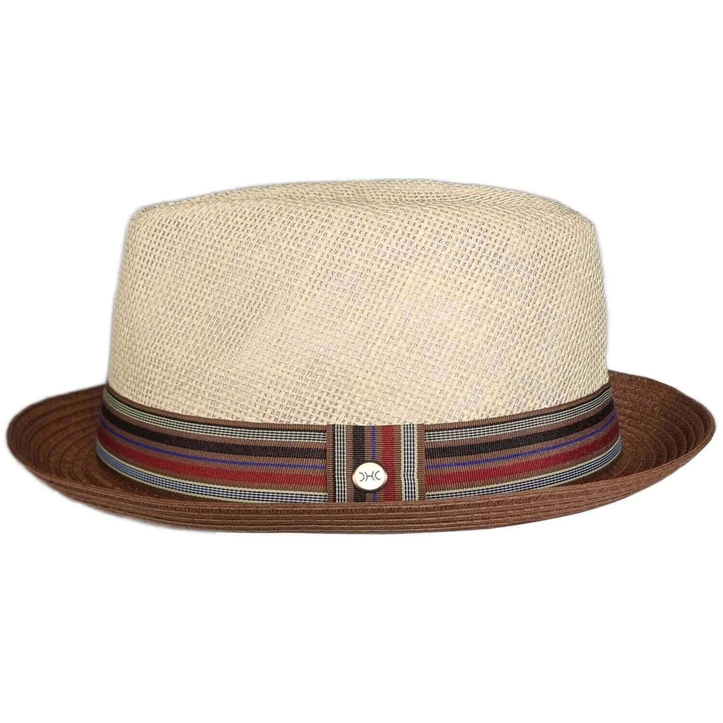 Beige straw hat with a brown band featuring a striped pattern on a white background