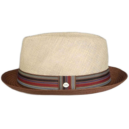 Beige straw hat with a brown band featuring a striped pattern on a white background