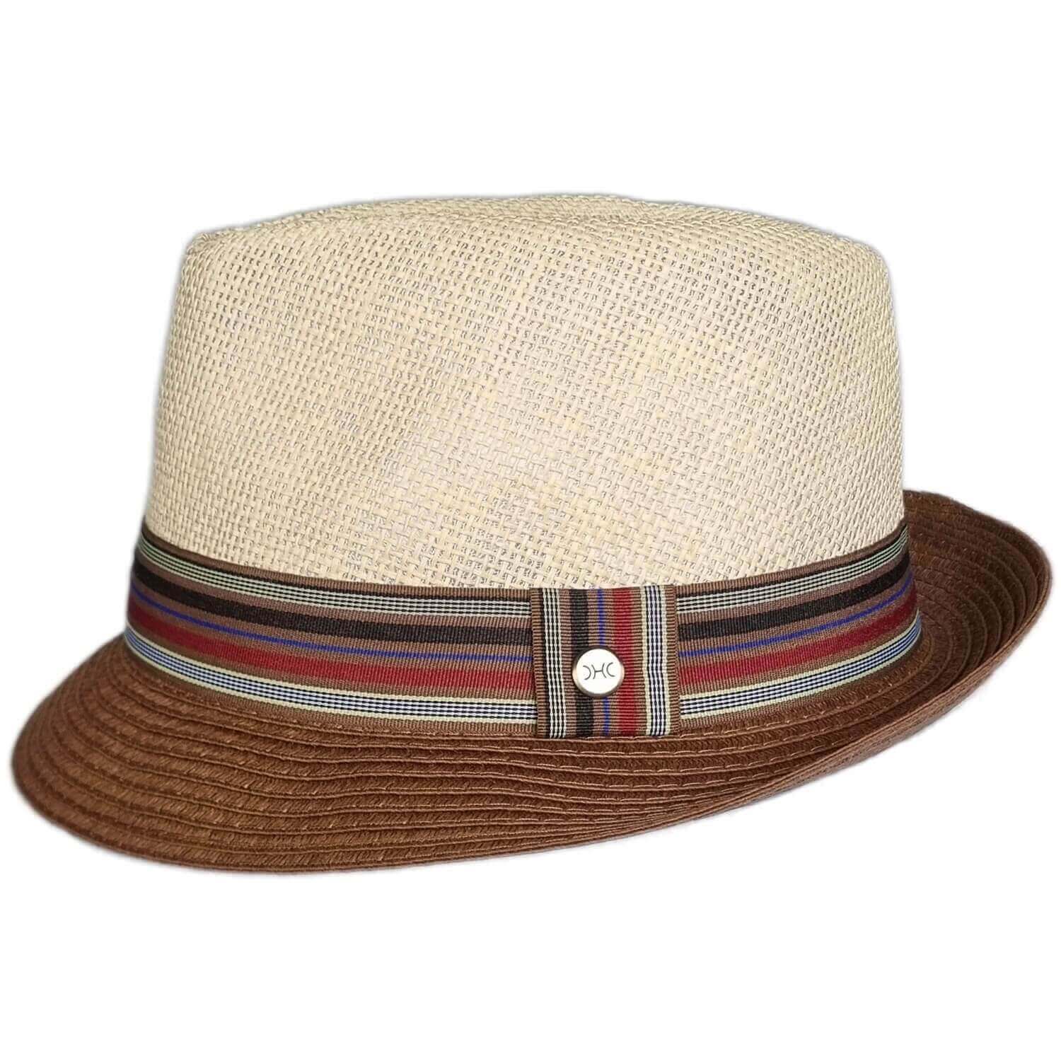 Two straw hats with striped bands on a white background