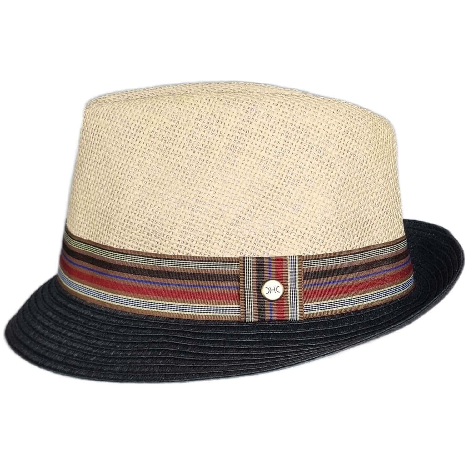 Two-toned hat with a striped band on a white background