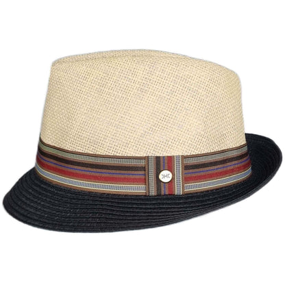 Two-toned hat with a striped band on a white background