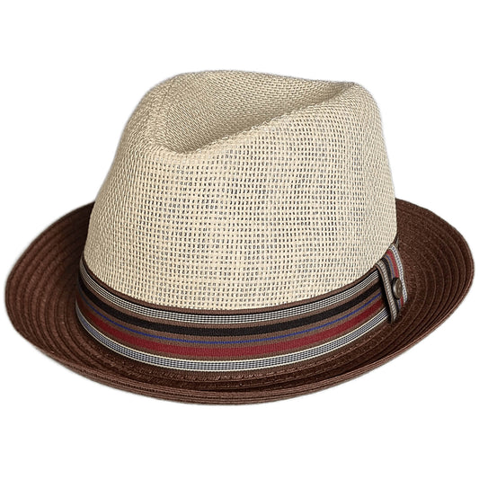 Beige straw hat with a brown band and striped band on a white background