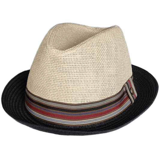 Beige straw hat with a striped band on a white background