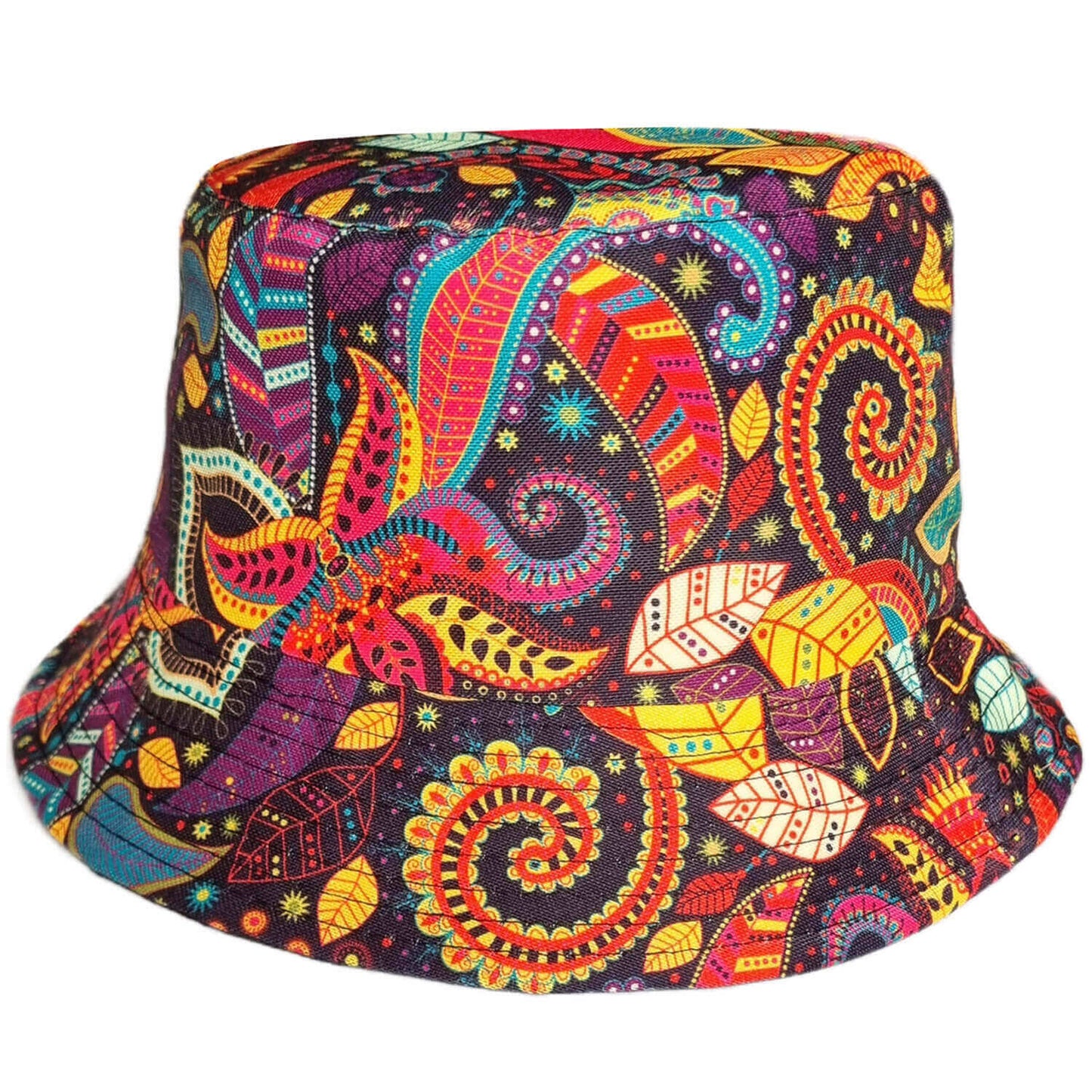 Colorful paisley patterned bucket hat on a white background