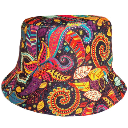 Colorful paisley patterned bucket hat on a white background