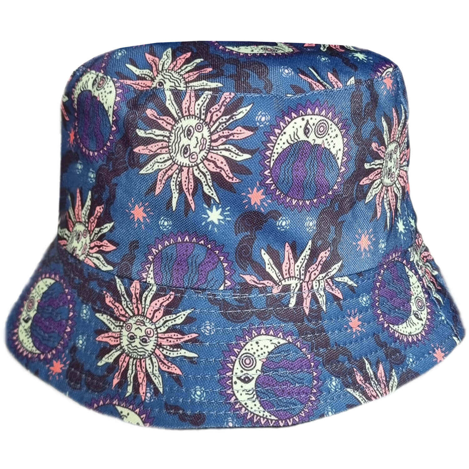 Bucket hat with celestial pattern on a blue background