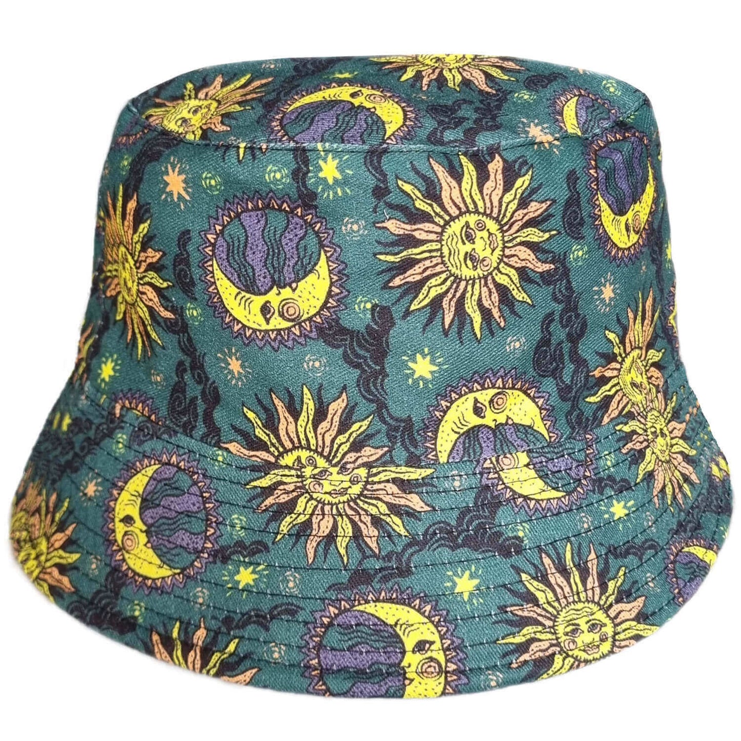 Bucket hat with celestial pattern on a white background