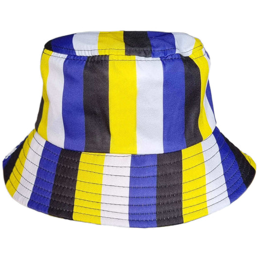 Bucket hat with blue, yellow, and white stripes on a white background