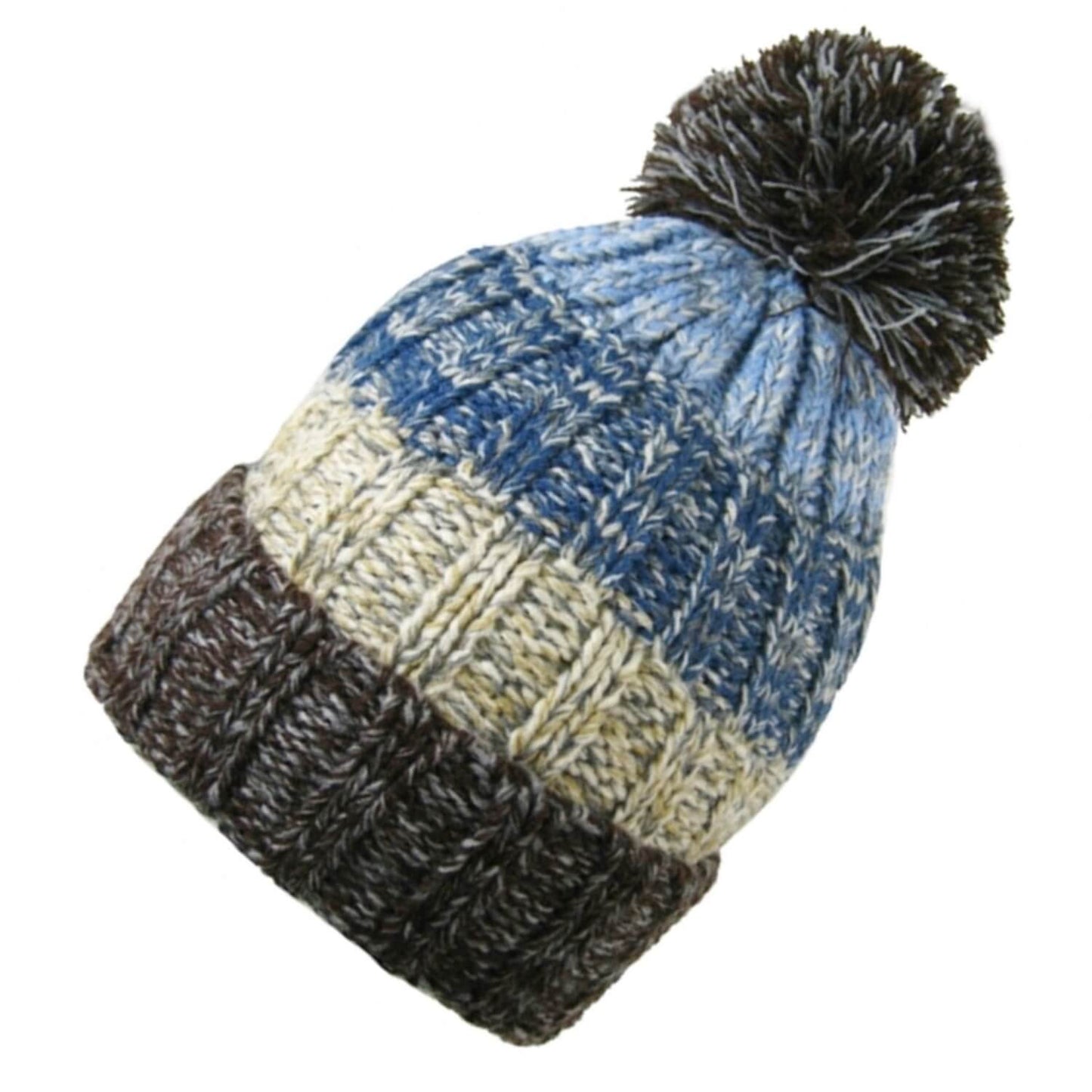 Beanie Hat, Pale Blue, Striped, pom pom