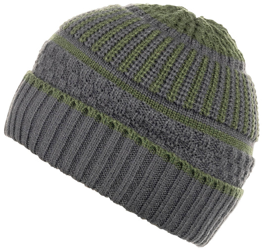 Beanie Hat, Green and Grey, Cuffed