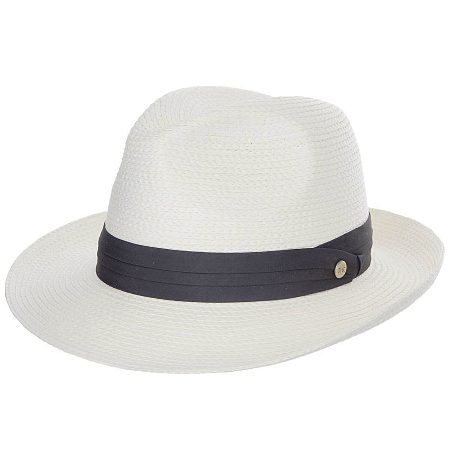 White straw hat with a black band on a white background