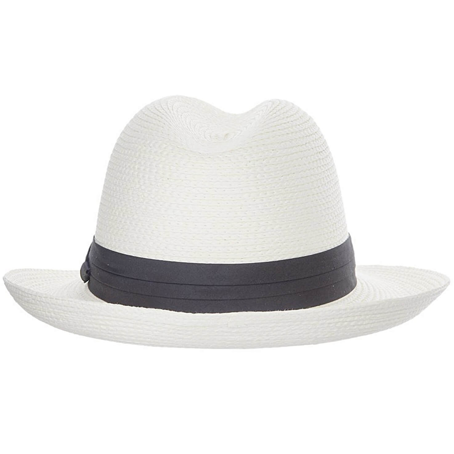 White straw hat with a black band on a white background