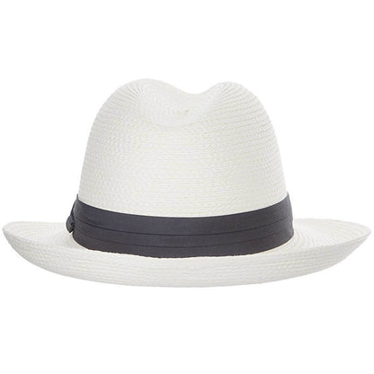 White straw hat with a black band on a white background