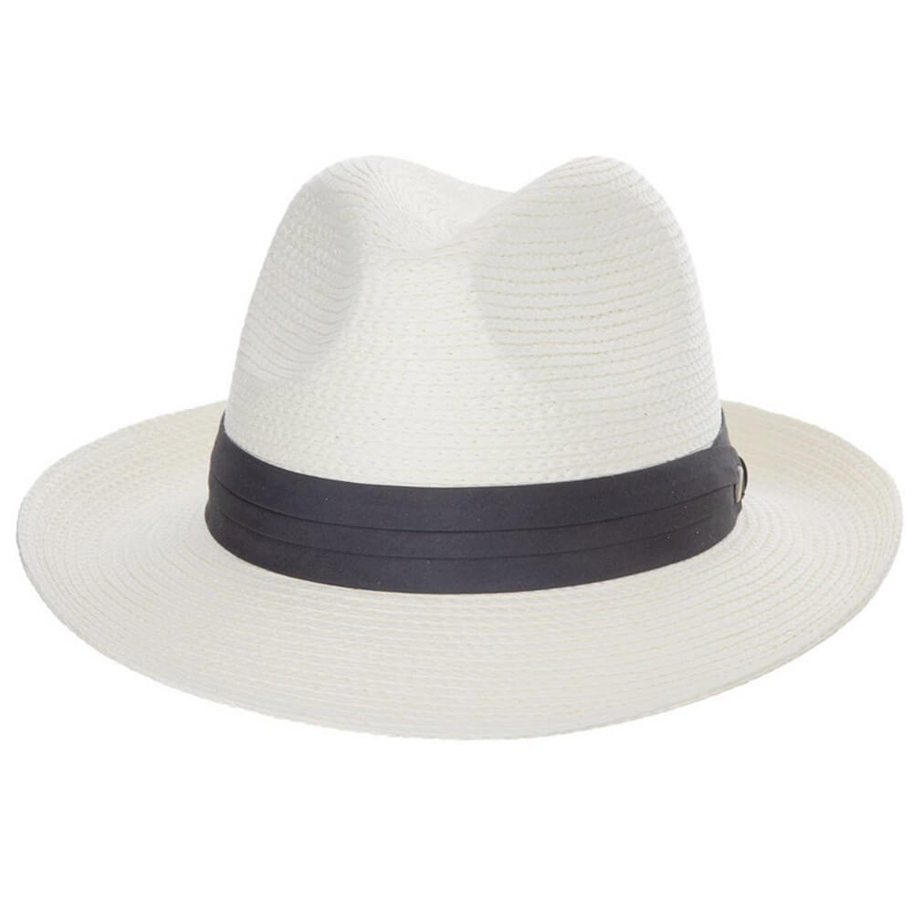 White straw hat with a black band on a white background