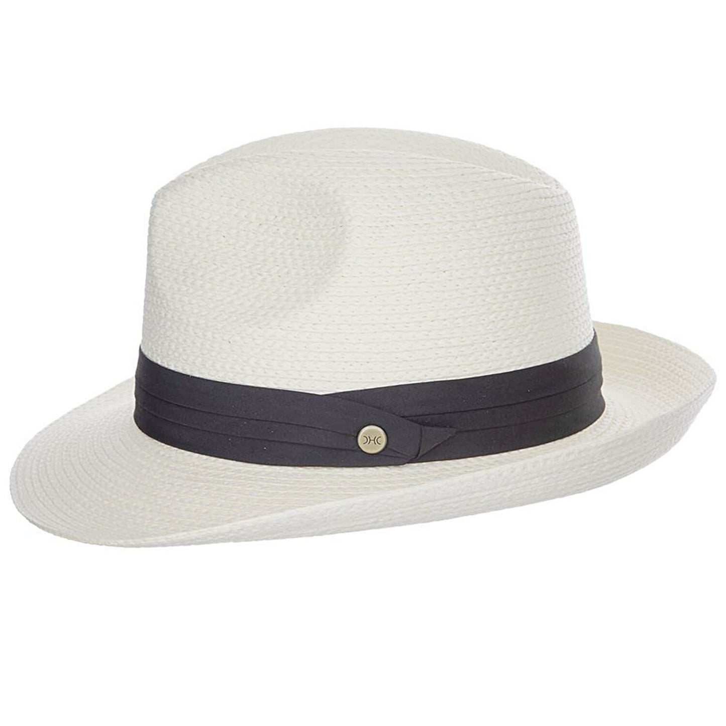 White straw hat with a black band on a white background